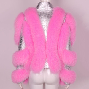 Designer Striped Fox Fur Decor Sheepskin Jacket <strong>Women</strong> Stand Collar Cropped Luxury Genuine Leather Autumn Coat - Product Image 2