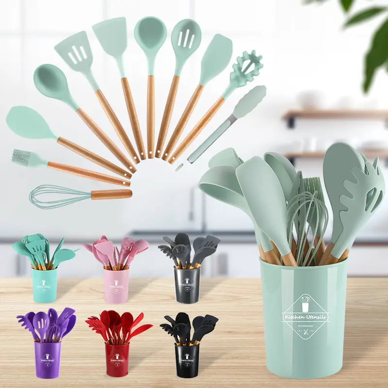 Winox Wholesale 12 Pcs Wooden Handles Kitchen Accessories Silicone Kitchen Tools Cooking Utensils Set with Block