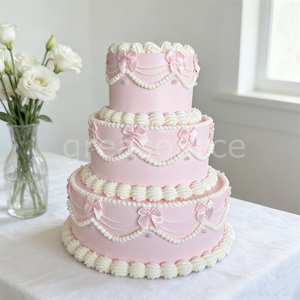 Modèle de gâteau d'anniversaire réaliste à 3 étages, fait main, en plastique écologique, avec décorations religieuses d'anges roses et nœuds en glaçage au beurre - Product Image 3