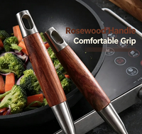 Ensemble de 6 ustensiles de cuisine en acier inoxydable 304 avec manche en bois de rose, finition satinée, spatule, louchette, écumoire, trou de suspension