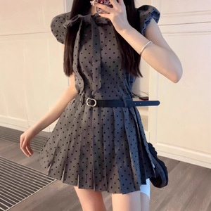 Petite Women Grey Polka Dot Dress Fitted Waist A Line Pleated Skirt Tie Neck Summer Casual Dress Daily Wear - Product Image 1