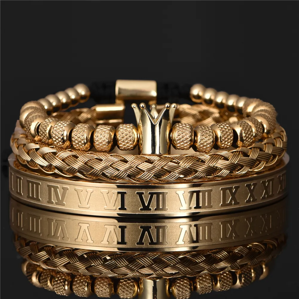 Set di 3 pezzi alfabeto romano di lusso Royal Crown Charm geometria in acciaio inossidabile Pulseiras uomo bracciali regolabili aperti