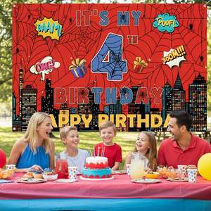 Telón de Fondo para Cumpleaños Número 4 con Diseño de Telaraña Roja, Decoración para Fiesta de Cumpleaños, Fondo para Fotos en Rojo y Azul - Product Image 3