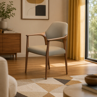 Fauteuil de salle à manger BST Mid-Century Modern en bois de noyer avec assise rembourrée en cuir crème pour salle à manger