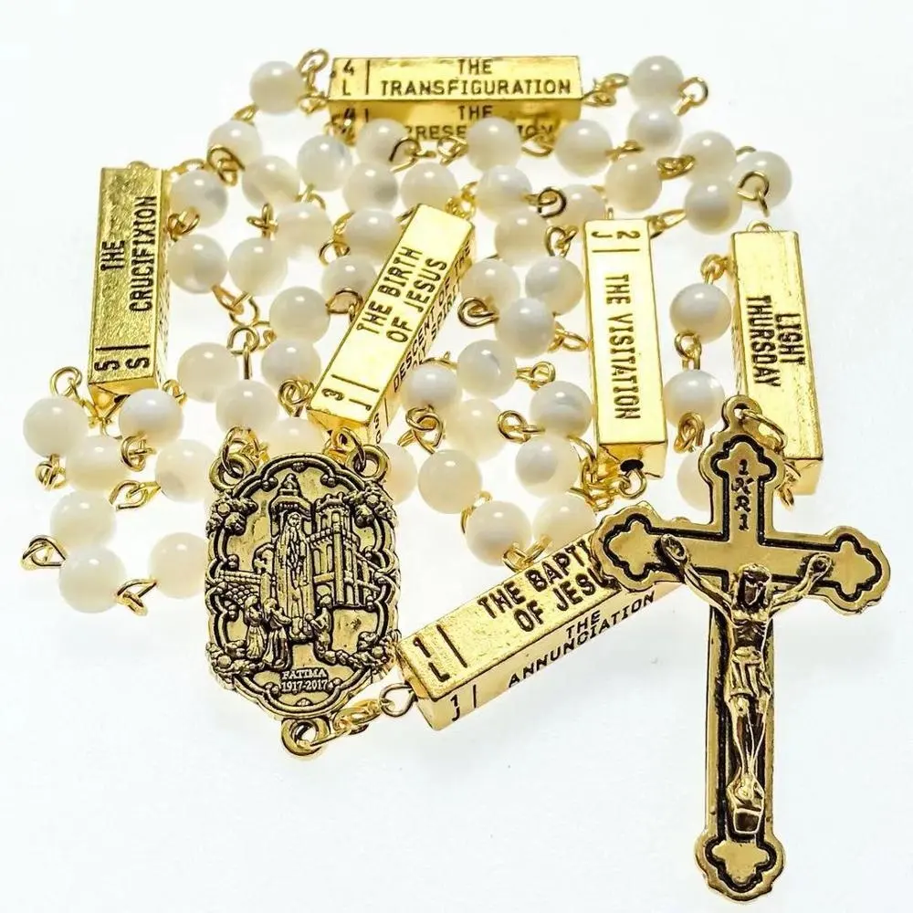 fancy sea shell Mother of Pearl Rosary fatima center with antique gold metals five mysteries connector religious necklace