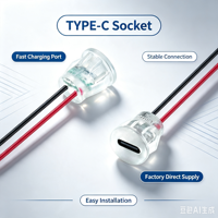LN-DC-022E Puerto USB-C hembra de montaje a presión, redondo de 2 pines, con cable de 15 cm y 24 AWG, conector de carga tipo C para carga de juguetes eléctricos y afeitadoras