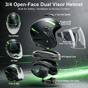 Casco de Motocicleta Abatible DOT, Carcasa de ABS Negro Mate, Visera Doble, Estilo Modular 3/4 Abierto - Product Image 2