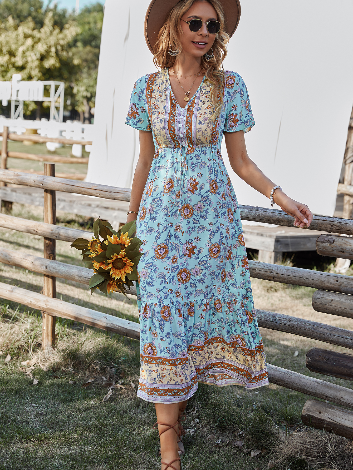 Vintage Chic Women Tassel Floral Print Beach Bohemian Midi Dress