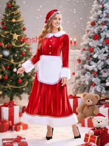 Costume de Père Noël pour femme adulte, ensemble de tenue de femme de ménage de Noël en polyester, costume de fête avec tablier et accessoires - Product Image 6
