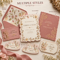 Ensemble d'invitations de mariage vintage rose poudré avec bordure florale dorée, impression personnalisée, kit de papeterie de mariage de luxe avec étiquettes