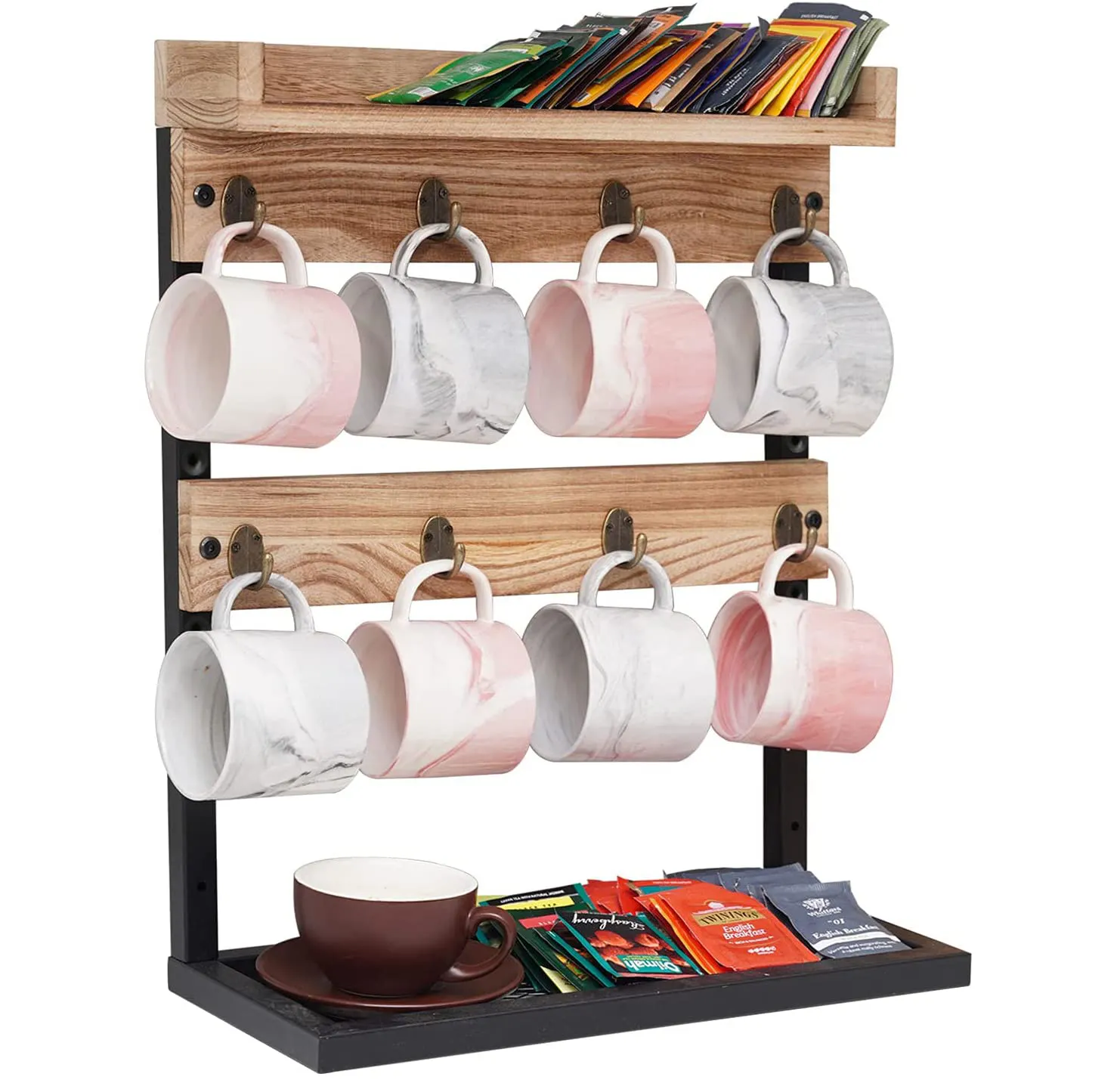 Rustic Wood Countertop 2 Tier Coffee Mug Cup Rack Holder Stand with Metal Frame and Wooden Shelf for Coffee