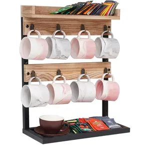 Encimera de madera rústica de 2 niveles, soporte para tazas de café, con marco de Metal y estante de madera para café