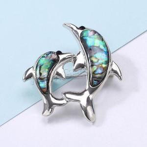 Broche de Joias em Forma de Golfinho com Concha de Abalone Prateada para Mulheres, Liga de Zinco, Cor Original 40x42mm 1630907 - Product Image 1