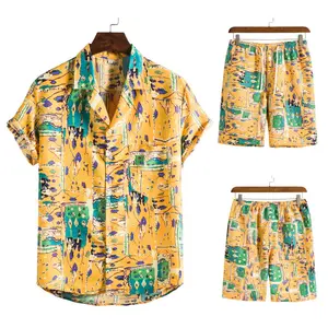 Private Label Floral Hawaiian Print Matching Set Two Piece Men's Summer Sets Short Half Sleeve Button Up Shirts Shorts For Men