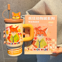 Bouteille isotherme et thermos en céramique grande capacité, motif dessin animé, avec couvercle, poignée et paille, idéale pour cadeau de Noël