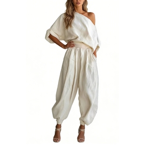 Completo da donna a tinta unita <span class=keywords><strong>con</strong></span> top monospalla asimmetrico a manica corta e <span class=keywords><strong>pantaloni</strong></span> larghi, set 2 pezzi Sehe Fashion - Product Image 2