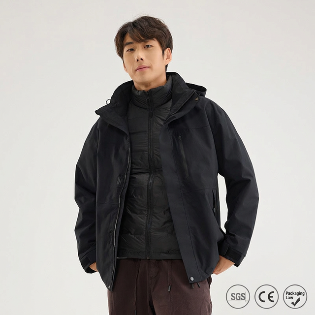 3-in-1 Casual Men Women Outdoor Waterproof Windproof Bomber Jacket Removable Liner Hooded Front Hiking Cycling Mountaineering