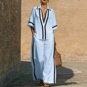 Ensemble deux pièces pour femmes, chemise à manches courtes décontractée à blocs de couleur et pantalon large, bleu clair, tailles S M L XL XXL 3XL - Product Image 1