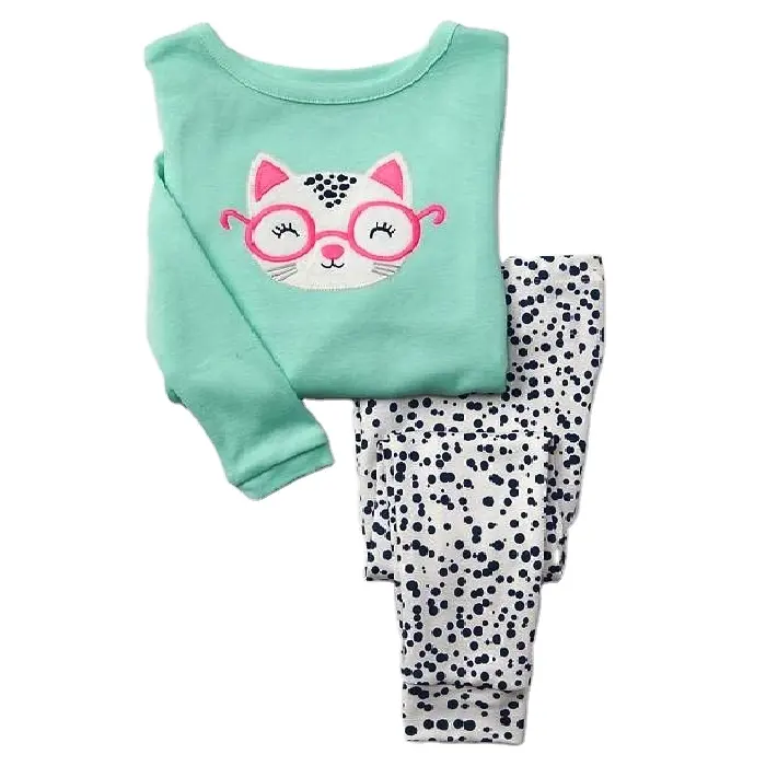 Camisola infantil bordada de gatinho, pijama de algodão para meninas, roupa de dormir para crianças
