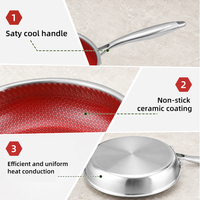 Ensemble de 3 poêles en acier inoxydable à 3 couches avec revêtement céramique antiadhésif rouge sans PTFE/PFAS, pour tous types de cuisinières, résistantes au four