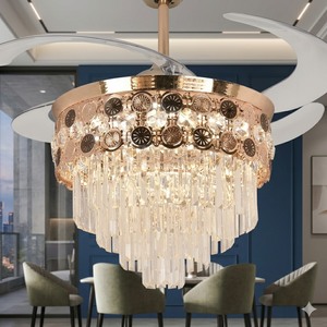 Ventilateur de plafond LED doré avec lustre en cristal, pales rétractables, télécommande, moteur silencieux, décoration de luxe pour la maison - Product Image 3