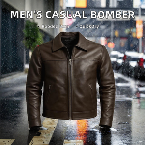 Chaqueta de cuero genuino marrón para hombre, estilo racer, con cierre de cremallera y cuello vuelto, tipo motociclista; Chaqueta bomber marrón para hombre con cuello de cremallera. - Product Image 2