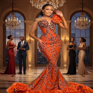 Orange Beaded Mermaid Evening Dress with Rose Design Floor-Length Natural Waistline Built-in <b>Bra</b> <b>Strapless</b> Breathable <b>Plus</b> <b>Size</b> - Product Image 2
