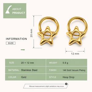 ต่างหูห่วงรูปดาวสแตนเลสสตีล ชุบทอง 14K แบบสุญญากาศ ดีไซน์ดาวห้าแฉกขัดเงา มีตัวเลือกสีทองและสีเงิน - Product Image 2