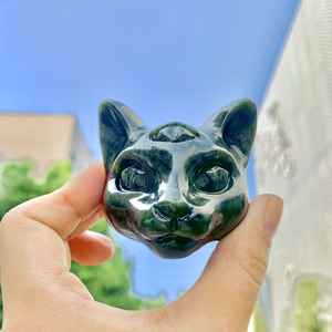 Venta al por mayor de cristal egipcio natural, jade verde, cabeza de gato, cristal, tres ojos, gato, 6cm, animales tallados para decoración de Halloween - Product Image 6