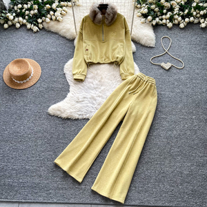 Conjunto de chándal de 2 piezas para mujer de invierno con cuello de piel sintética, sudadera de media cremallera y pantalones de chándal de pierna ancha con cordón, conjunto informal para estar en casa - Product Image 2