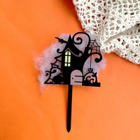 Adorno de acrílico para pastel estilo humo de Halloween, decoración de fiesta con temática espeluznante, calabaza, fantasma, murciélago para cupcakes y mesa de postres