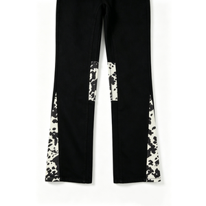Pantalon en jean noir uni ample et évasé, tendance, avec patchwork imprimé vache sur les poches et les jambes, style Y2K rétro street hip - Product Image 5