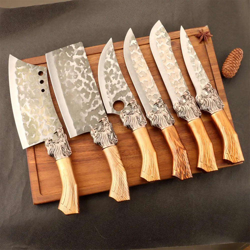 Cuchillos santoku de cocina japoneses forjados 6 uds cuchillo de patrón de capa de acero de Damasco hecho a mano con logotipo