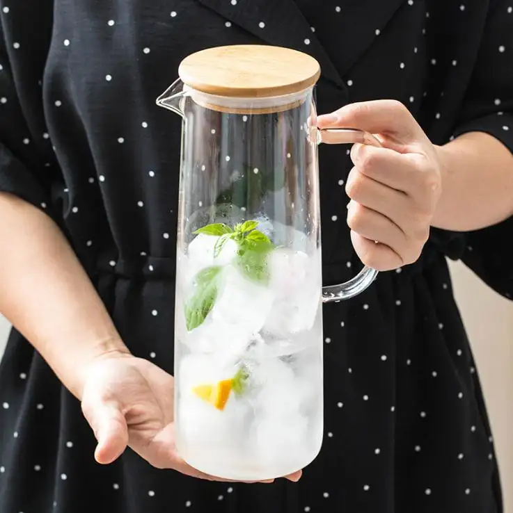 Jarra de água de vidro de 1.5l borosilicate, jarra de água com alça, jarra de vidro com tampa de bambu
