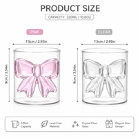 Tasse à eau en verre borosilicate transparent rose 3D nœud papillon de 11 oz, idéale pour jus froid, café glacé, latte et lait