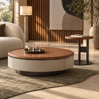 Table basse ronde avec tiroirs en forme d'éventail, plateau en bois grainé sur base crème, facile à nettoyer et durable, meubles modernes pour salon