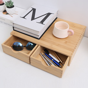Wooden Desktop <b>Storage</b> <b>Box</b> With Double <b>Drawer</b> Organizer For Office Supplies And Sunglasses Rectangle Shape Solid Color - Product Image 1