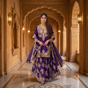 Nuevo Conjunto de 3 Piezas de Diseño Exclusivo en Seda Natural con Bordado Pesado y Lentejuelas Chinas: Top, Sharara y Dupatta - Reversible y Sin Arrugas - Product Image 1