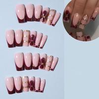 Uñas postizas francesas con punta, color nude burdeos, largas, estilo ataúd, a presión, rojo vino, ombré, línea dorada, cuentas doradas, leopardo, hechas a mano