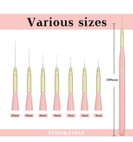 Kit de 7 pinceaux professionnels de précision pour nail art, manche en bois rose, virole dorée, pour la peinture au gel et les lignes françaises