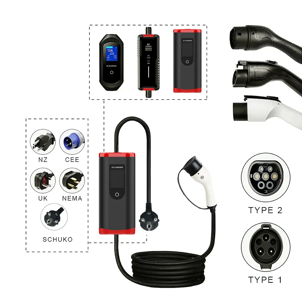 32A 16A pengisi daya EV rumah Level 2 GBT tipe 2 atau tipe 1 steker stasiun pengisian daya mobil elektrik EV pengisi daya portabel