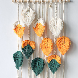 Nordique fait à la main jaune vert feuille plume tapisseries bohème gland tissé <span class=keywords><strong>tapisserie</strong></span> <span class=keywords><strong>murale</strong></span> pour salon - Product Image 2