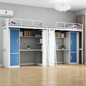 Компактная металлическая двухъярусная кровать с письменным столом и шкафом, идеально подходит для спальни подростка или комнаты в общежитии - Product Image 5