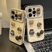 Coque de téléphone portable 3D DIY motif Ours Mignon avec Grande Fenêtre et Motif Café pour iPhone 17 13 14 15 18 Pro Max, Coque Arrière Électroplaquée