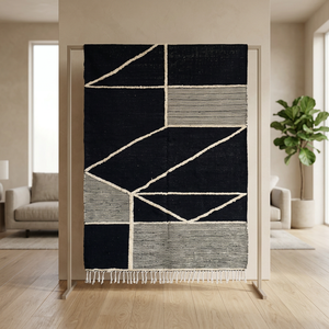 Tapis Beni Ourain marocain fait main, motif original, couleur crème, style bohème, en laine/soie, kilim à poils ras, avec support en nylon, idéal pour pique-nique - Product Image 4