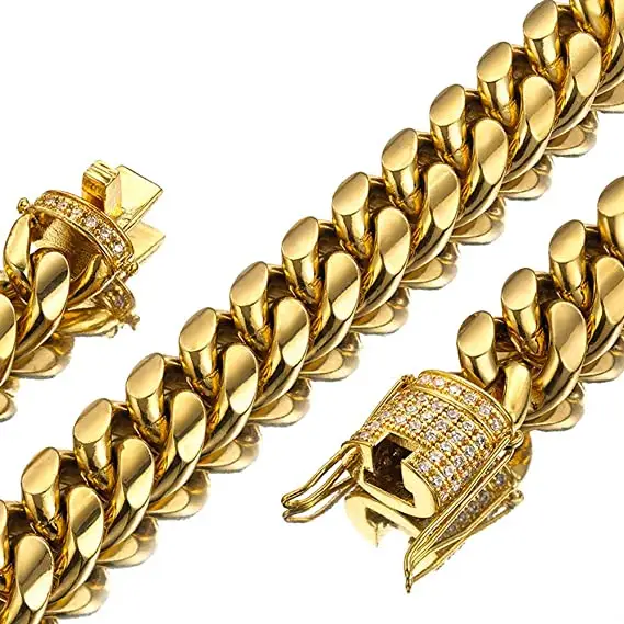 GOLD JEWELRY 14k Gold Plated Stainless Steel Thick Miami Cuban Link Chain With Lab Diamond Clasp Men's Hip Hop Necklace bracelet