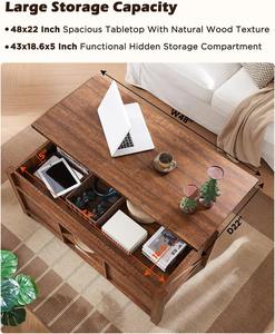 Table basse relevable en MDF de 48 pouces, finition grain de bois marron style ferme, avec porte coulissante et garniture métallique d'angle, pour salon - Product Image 2