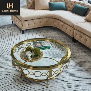 Tavolo centrale stile americano di lusso oro in acciaio inox tavolino <span class=keywords><strong>intaglio</strong></span> modelli di vetro rotondo tavolino da caffè - Product Image 1