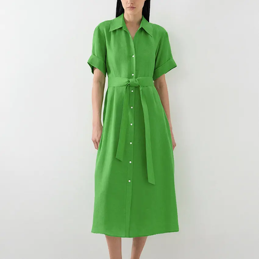 Robe chemise d'été en lin et coton pour femmes, tenue décontractée, simple, ligne A, Empire Maxi, long bouton, col rabattu, OEM