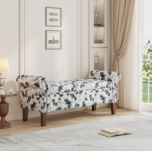 Vintage Floral Printed Storage Bench Solid <b>Wood</b> Leg <b>Sofa</b> Suitable For Living Room Bedroom And Entryway Storage - Product Image 1